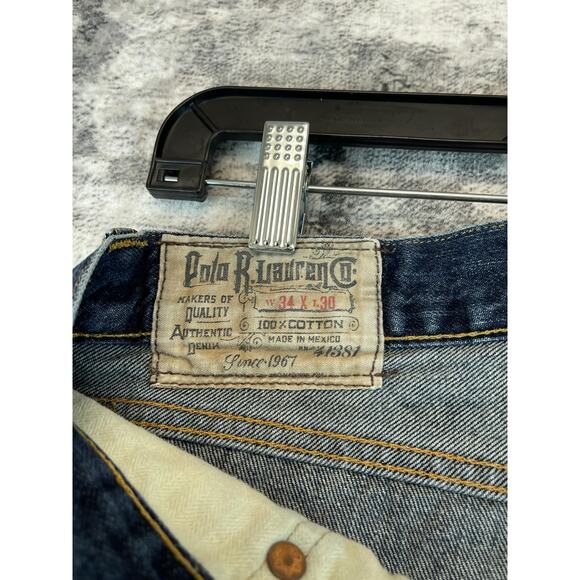 Polo Ralph Lauren Straight Selvedge Jeans Whiskering Dark Wash 36x29 R44SD51 - Picture 9 of 13
